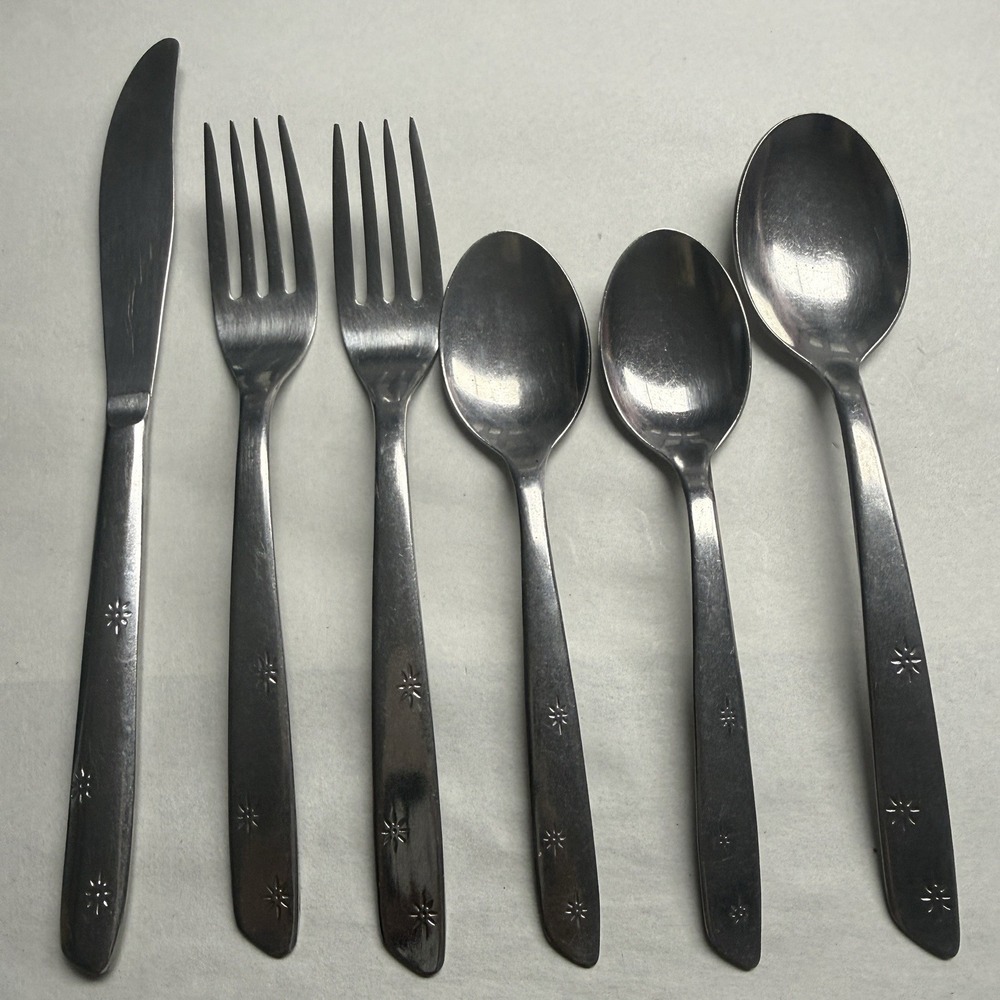 6 Lot Atomic 3 Star Superior Stainless Spoons Forks Knives Night Sky MCM USA